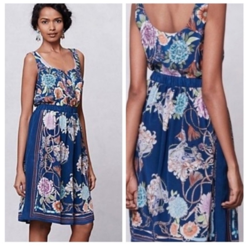 Anthropologie Moulinette Soeurs Mabel Floral Blue Silk Dress XS (L) - Picture 2 of 12